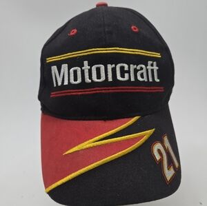 Vintage Motorcraft #21 NASCAR Racing Hat Black Red Yellow Embroidered Cap